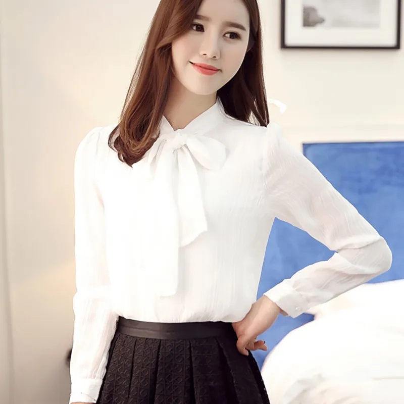 

Sweet Chiffon Blouse Women Casual Solid Color Straps Bow Collar Shirt Lady Loose Top