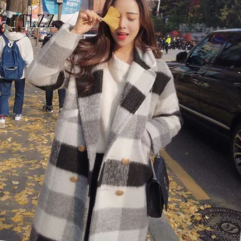 

Street Woolen Coat Women Vintage Black White Plaid Medium Long Korean Wool Coats Ladies Turndown Collar Autumn Winter Outerwear