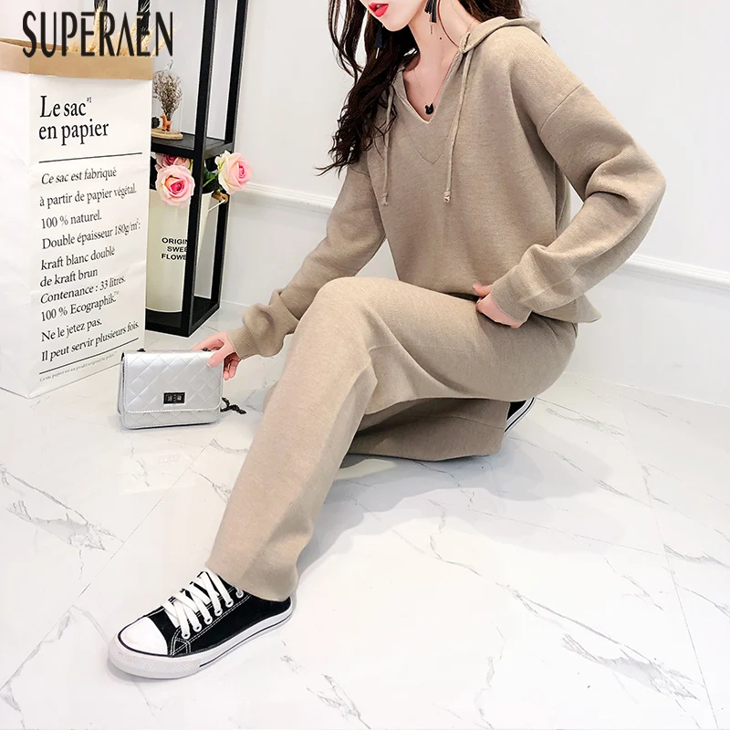 

SuperAen Fashion Knit Women's Sets Hooded Pullovers Sweater Female 2019 Autumn New Casual Wide Leg Pants Two-piece Women