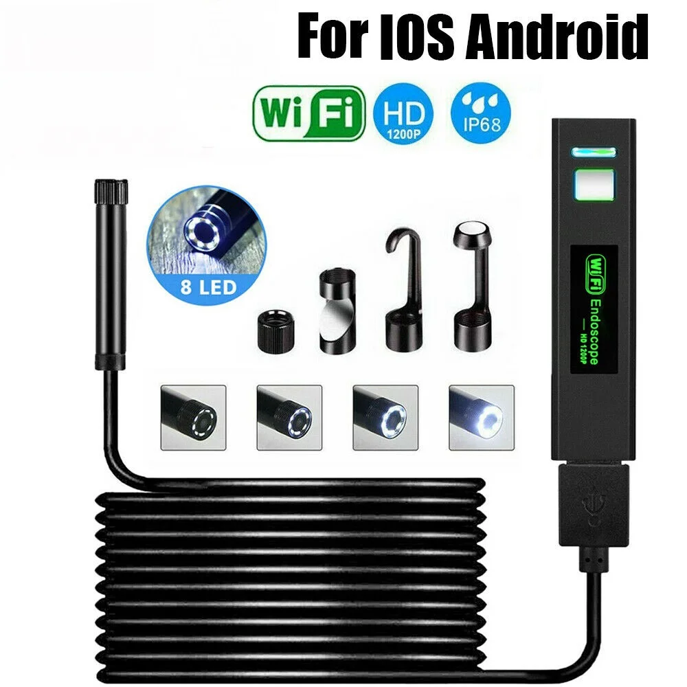 WiFi Endoscope Camera for ios android Phone Pad 1200P HD USB Endoscope 8mm Lens 1m 5m 10m Cable Waterproof Borescope Mini Camera