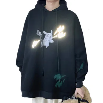 

Harajuku Men Pikachu Lightning Print Hoodies Reflective Fashion Outwear Plus Velvet Hooded Sweatshirt Hip Hop Pullover Top 3XL