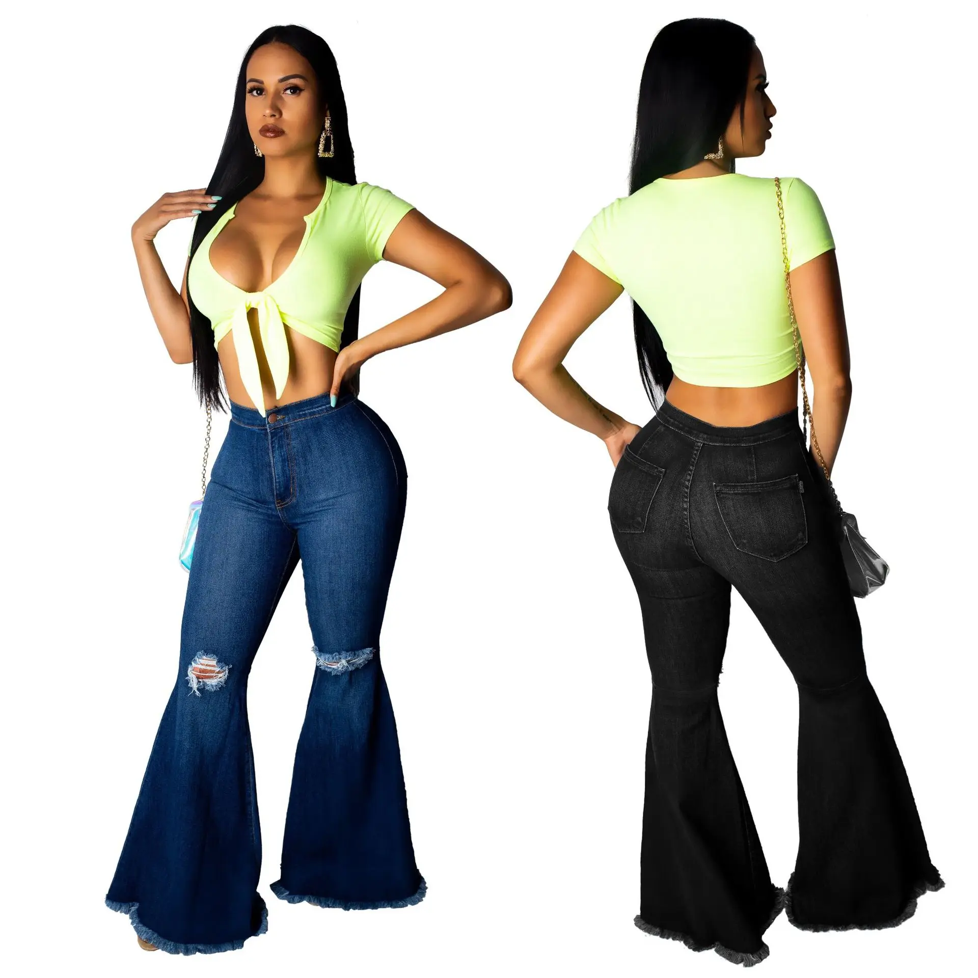 

2020 European and American fashion versatile wide leg knee hole jeans flared hem pants
