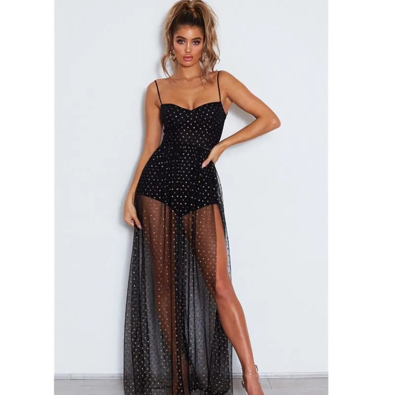 

Summer White Long Dress Sexy Club Women Spaghetti Strap Transparent Mesh Gown High Split Dress Elegant Sun Dresses