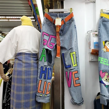 

New Hole Hip Hop Women Jeans Denim Pants High Waist Printing Streetwear Casual Loose Denim Jeans Straight Ladies Clothes KZ175