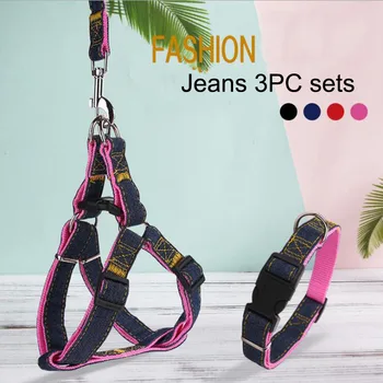 

Pet Accessories Dog Leash Harness Collar 3PC Sets Dog P Chain Denim Traction Pet Dog Harness For Medium Large Dogs Adjustable