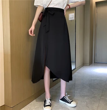 

Long Skirt Women's Summer Clothing Korean-Style Young Girl Skirt Black Solid Female Midi Tulle harajuku Skirt Lace-Up High Waist