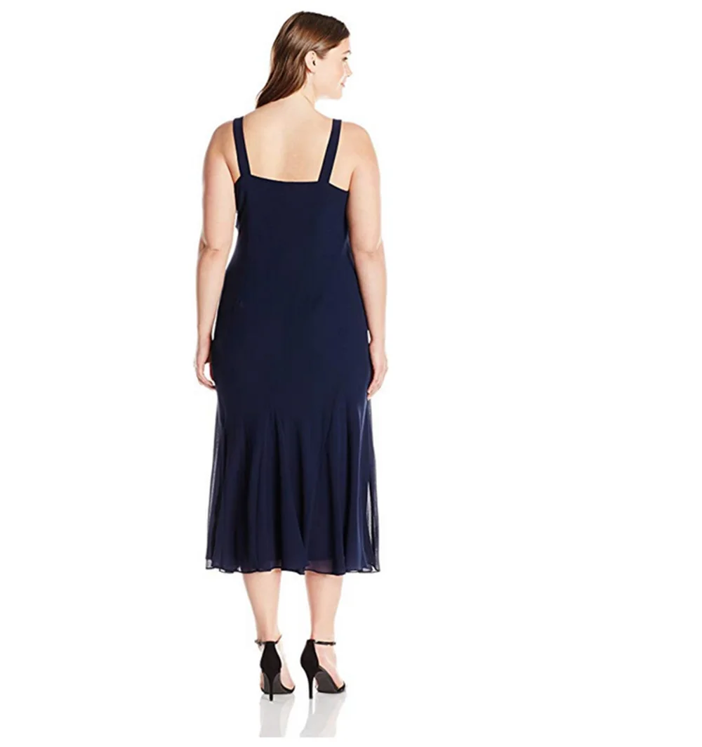 Navy Tea Length Mother of the Bride Groom Dresses for Party Gowns Women's Plus Size Beaded Chiffon