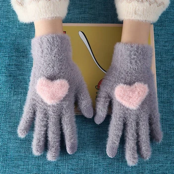 

Gloves Knitted Women Touch Screen 2020 New Winter Soft Rabbit Wool Knitted Gloves Warm Lovely Girls' Pink Heart Mittens Gloves