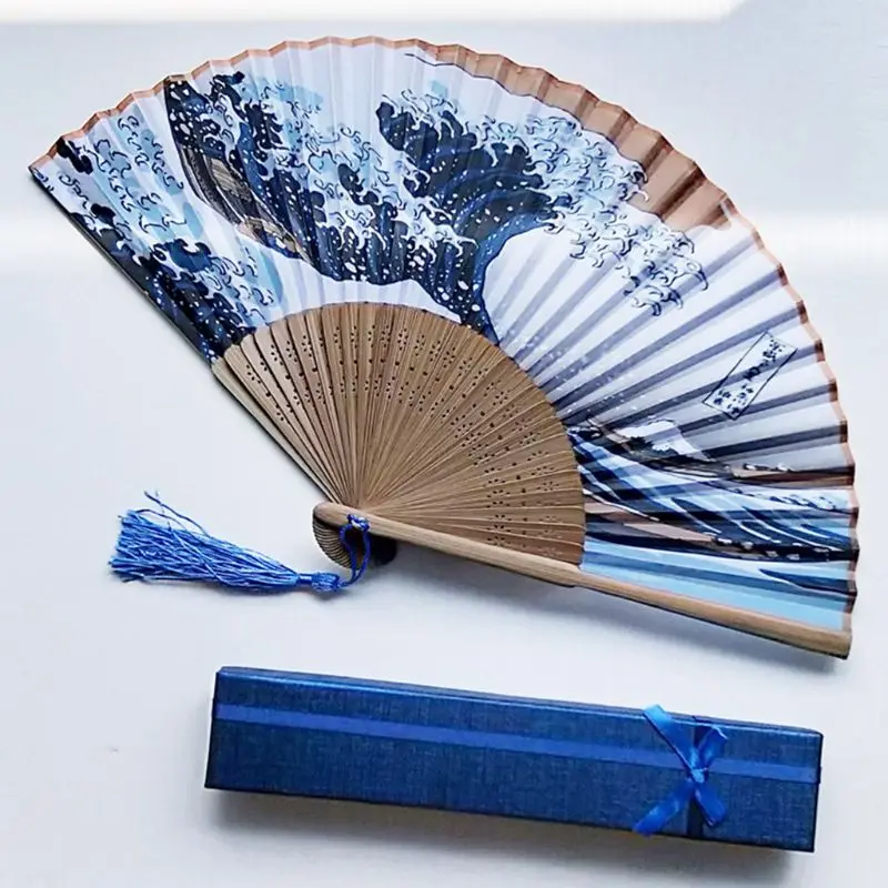 Шелковый ручной вентилятор крепление Fuji Kanagawa волны Японский складной веер Карманный вентилятор Свадебная вечеринка украшения подарки украшение стены дома