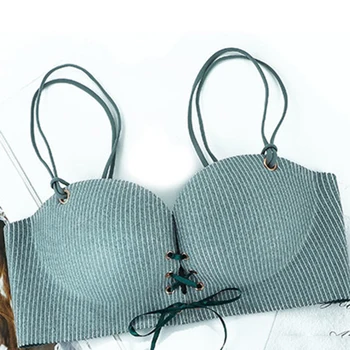 

Elovegirl Adjustable Straps Bra, Pull Small Breasts, No Trace, No Steel Ring One-piece Striped Underwear Green Color Comfort Bra