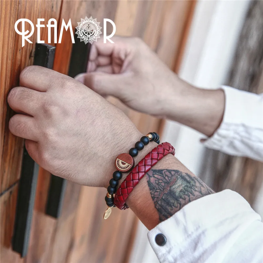 REAMOR настоящий плетеный кожаный браслет с нержавеющей сталью магнитный браслет с пряжкой для мужчин Ювелирные изделия Подарки