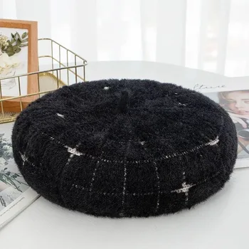 

Knitted Wool Angora Beret NEW Style Women Winter Hat Classic Patchwork Of Mink Flower Decoration Cap Double Warm Hat