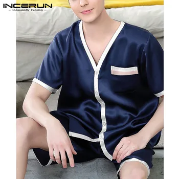 

INCERUN Summer Pajamas Sets Men Fashion Patchwork Short Sleeve Pyjamas Tops Shorts Soft Sleepwear Sets Breathable Homewear S-5XL