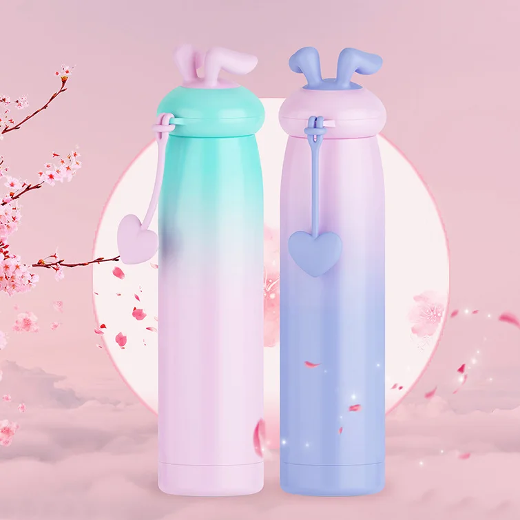 

Stereo Cartoon Rabbit Ears Insulated Cup Gradient Color Silica Gel Rope Holding Portable Bottle 304 Stainless Steel Contrast Col