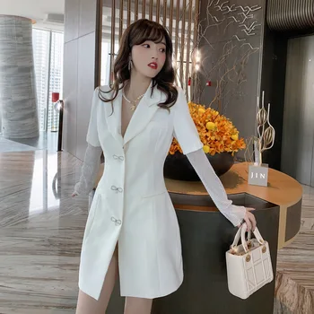 

Mode Femme 2020 Mesh Patchwork White Blazer Dress Woman Singer Button Mini Dresses Ladies Pocket Squien Dress Autumn Winter