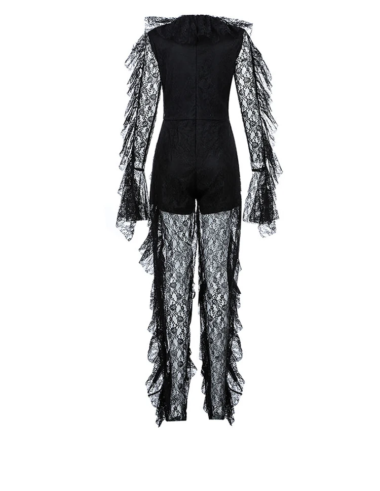 HIGH STREET/ Стильный дизайнерский комбинезон года для подиума, женский кружевной комбинезон с v-образным вырезом и длинными рукавами