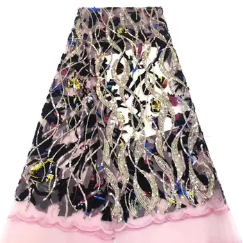 

New African Velvet Lace Fabric 2019 High Quality Pink Gold Purple Blue Lace Fabric with Sequins French Mesh Lace for Party Dress