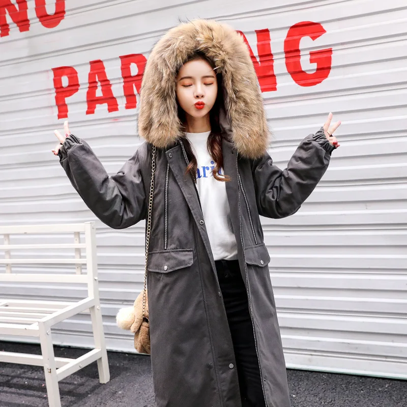 

Winter 2018 New Style INS Cotton Coat Women's Mid-length Korean-style Loose Thick Fur Collar over-the-Knee Hooded Cotton-padded