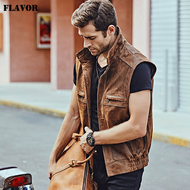 Mew Men’s Leather Retro Vest Stand Collar Men’s Motorcycle Casual Vest