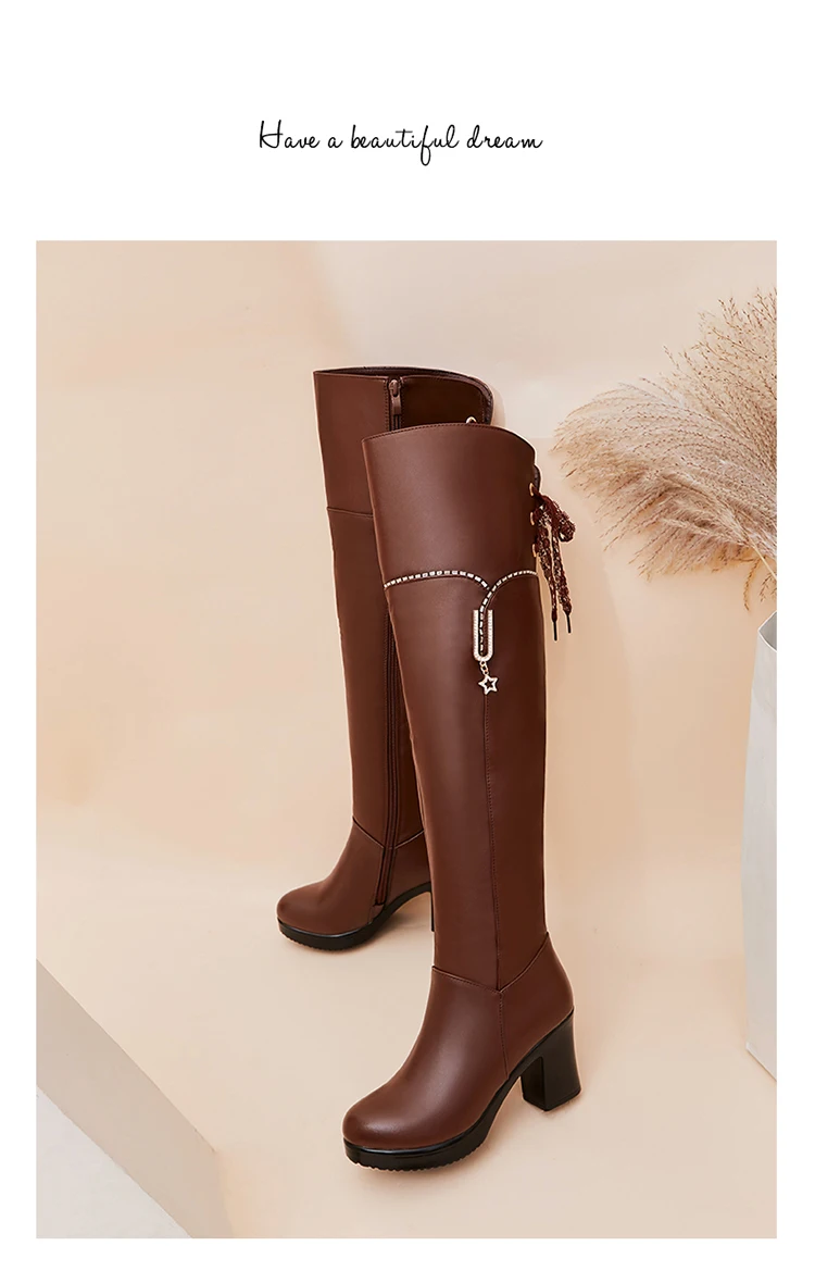 AIYUQI Womens Boots Thigh High Genuine Leather Rhinestone Platform High Heel Black Boots Women Winter Riding Boots