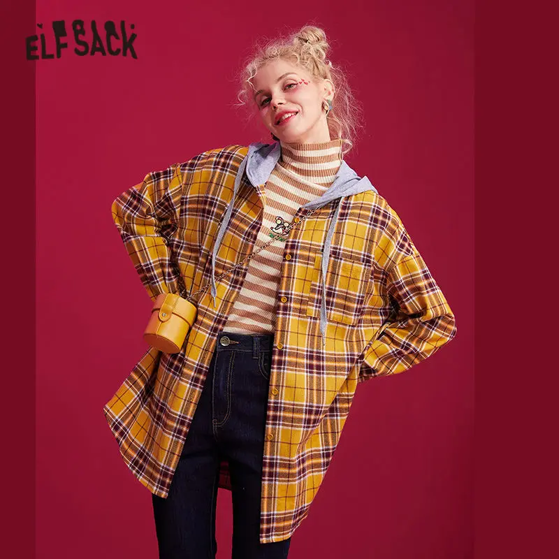 

ELFSACK Yellow Plaid Rat Applique Korean Oversize Hooded Casual Shirt Women 2019 Autumn British Drawstring Sweet Ladies Tops