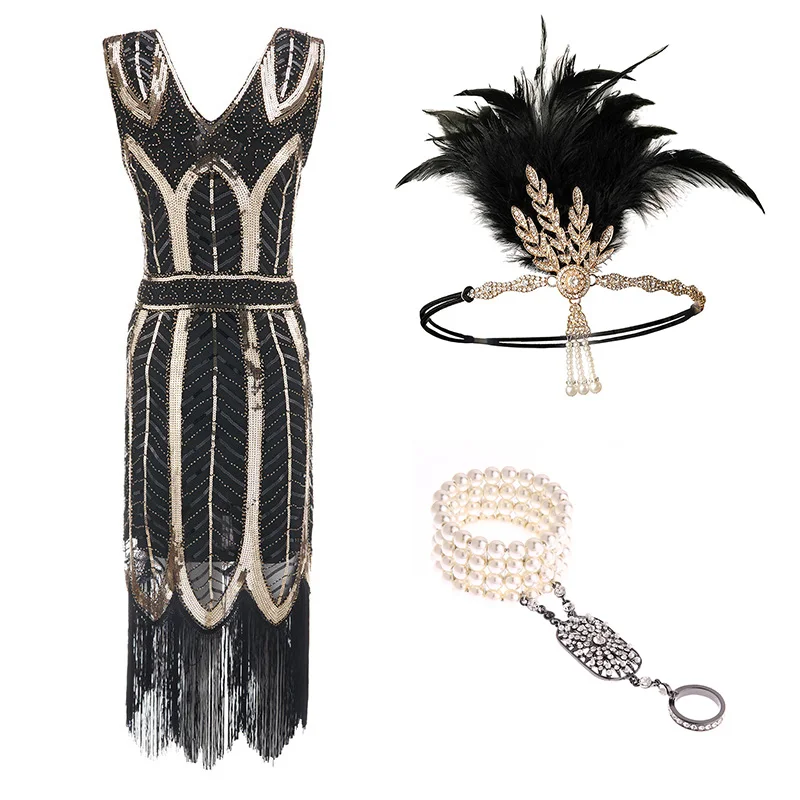 GOLD-SET--1 Платье размера плюс XXXL 1920s с хлопушкой, вечерние платья с блестками и бахромой в стиле Грейт Гэтсби - Цвет: GOLD-SET--1