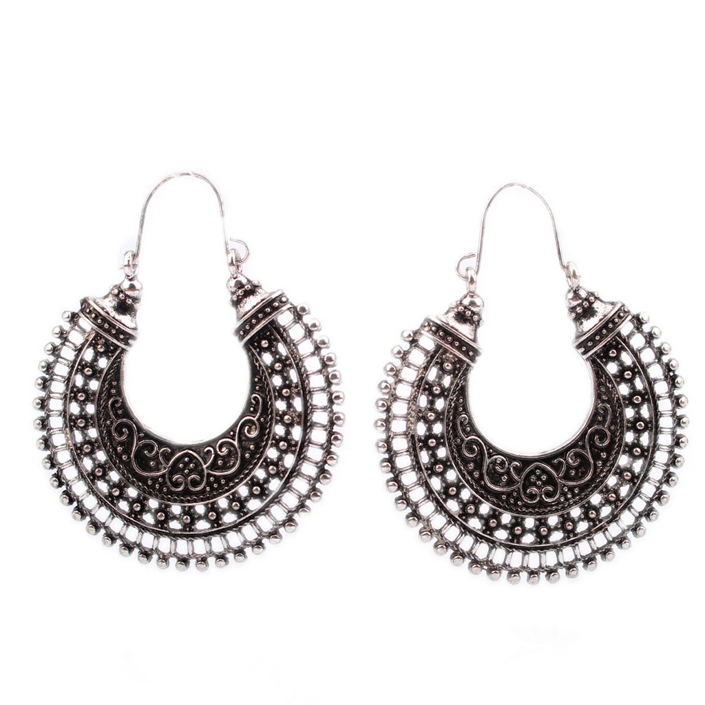 Vintage Style Gorgeous Boho Silver Hoop Dangle Earrings Tribal Jewelry