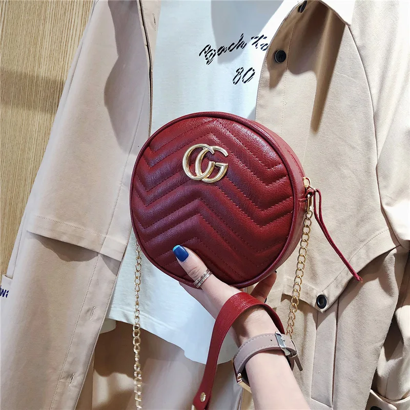 

2019 Fashion New Style European And American Minimalist Solid Color Spiraea Chain Small round Bag Poly Urethane Leather Crossbod