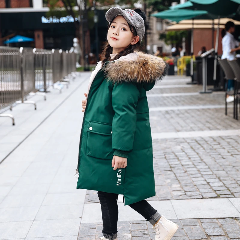 Зимние пуховые пальто для девочек детские куртки-пуховики с меховым воротником, модные однотонные, размер 120-150 - Цвет: Зеленый