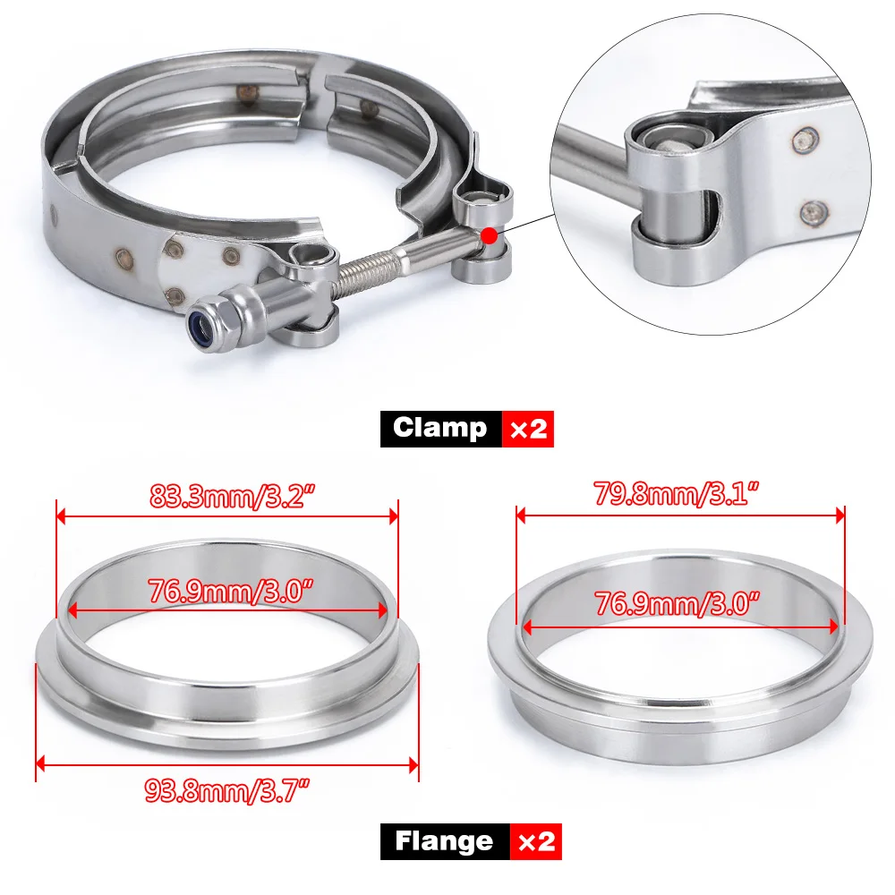 1 Pair 3.0" Vband 90 Degree Cast Turbo Elbow Adapter Flange 304 Stainless Steel + Clamp and Flange For T3 T4 Turbocharger