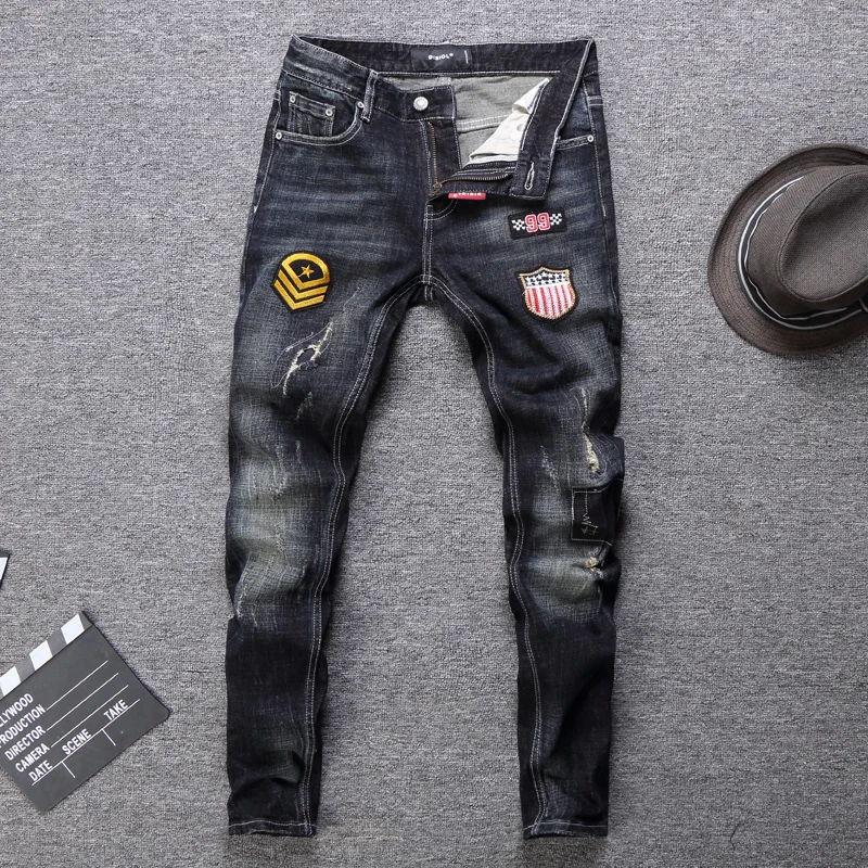 Italian Style Fashion Men Jeans Retro Black Blue Slim Fit Patches Designer Ripped Jeans Men Streetwear Hip Hop Pants Biker Jeans