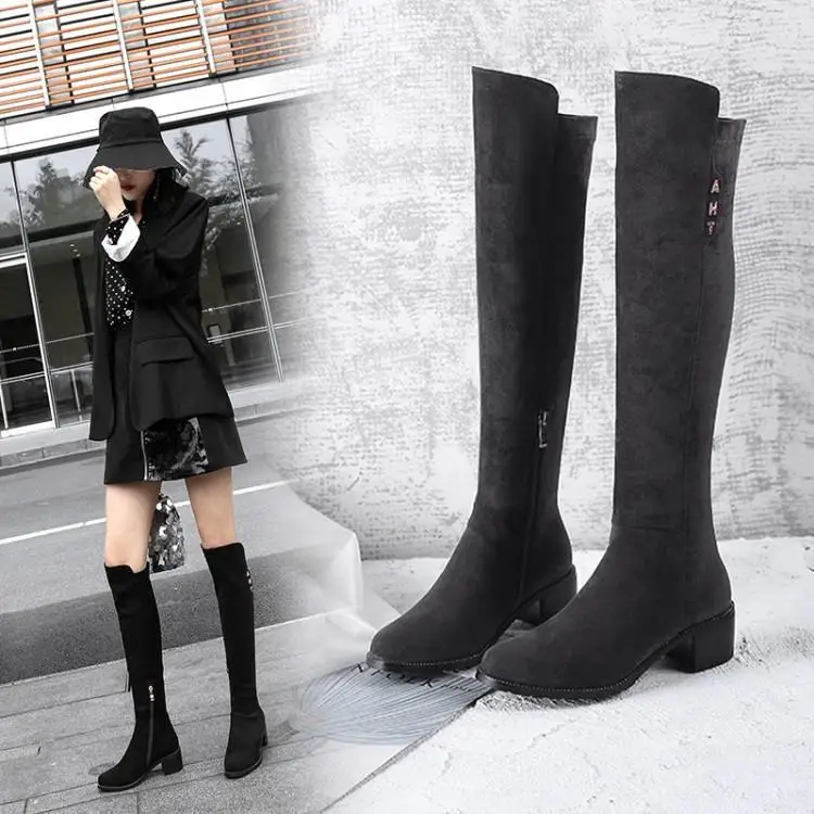 

Over-knee boots, middle heel boots, thick-heeled boots, leather boots, elastic boots, round-headed Knight boots, 4.5cm suede