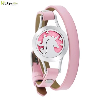 

Colorful Genuine Unicorn 25mm Magnet Leather Aroma Locket Stainless Steel Bangle Essential Oils Aromatherapy Locket Bracelet
