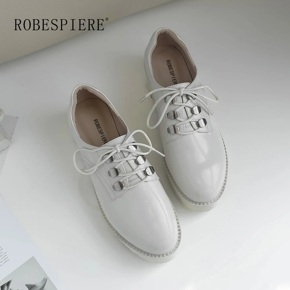 

ROBESPIERE Casual Lace-Up Flat Platform Top Quality Patent Leather Round Toe Party Lady Shoes Fashion Metal Decoration Shoes A13