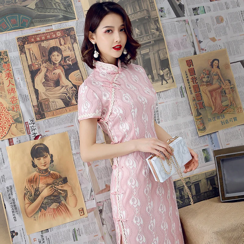 2019  Modern Cheongsam Women Short Lace Qipao Chinese Dress Qi Pao Party Vintage Ao Dai Elegant Dress High Quality Improve