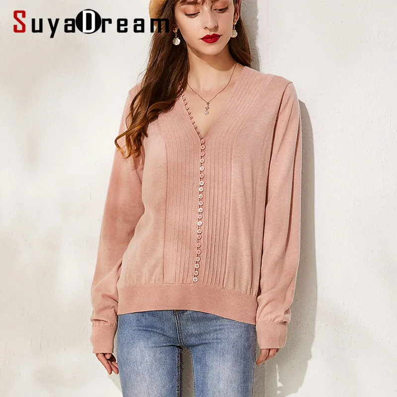 

SuyaDream Women Wool Pullovers Solid V neck Pink Sweater 2019 Fall Winter Knit Top