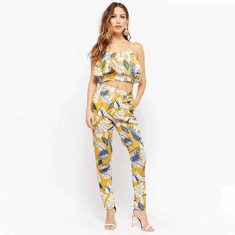 

Roupas Femininas 2 Piece Sets Womens Outfits 2019 Summer New Print Camisole Hips Casual Feet Pants Two Piece Crop Top Set
