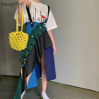 

Ruffles Patchwork Suspender Skirt Women Fashion Ruched Asymmetric Skirt Winter Autumn 2020 High Waist Long Skirts New Streetwear