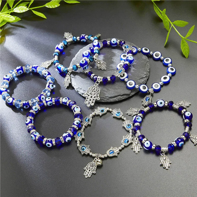 Trendy Couple Turkish Evil Eye Palm Elastic Bracelet For Women Men Charm Handmade Crystal Resin Beaded Bracelets Jewelry Gifts