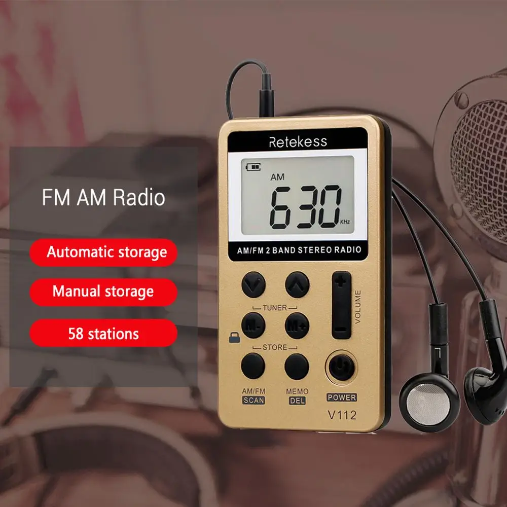 RETEKESS 10 шт. V112 FM AM 2 полосный радио мини-приемник портативный цифровой тюнинговый радиоприемник с перезаряжаемой батареей и наушниками