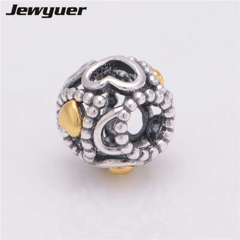 Openwork hearts silver charms with golden hearts fit 925 sterling silver bead charm bracelets diy making fine Jewelry Memnon