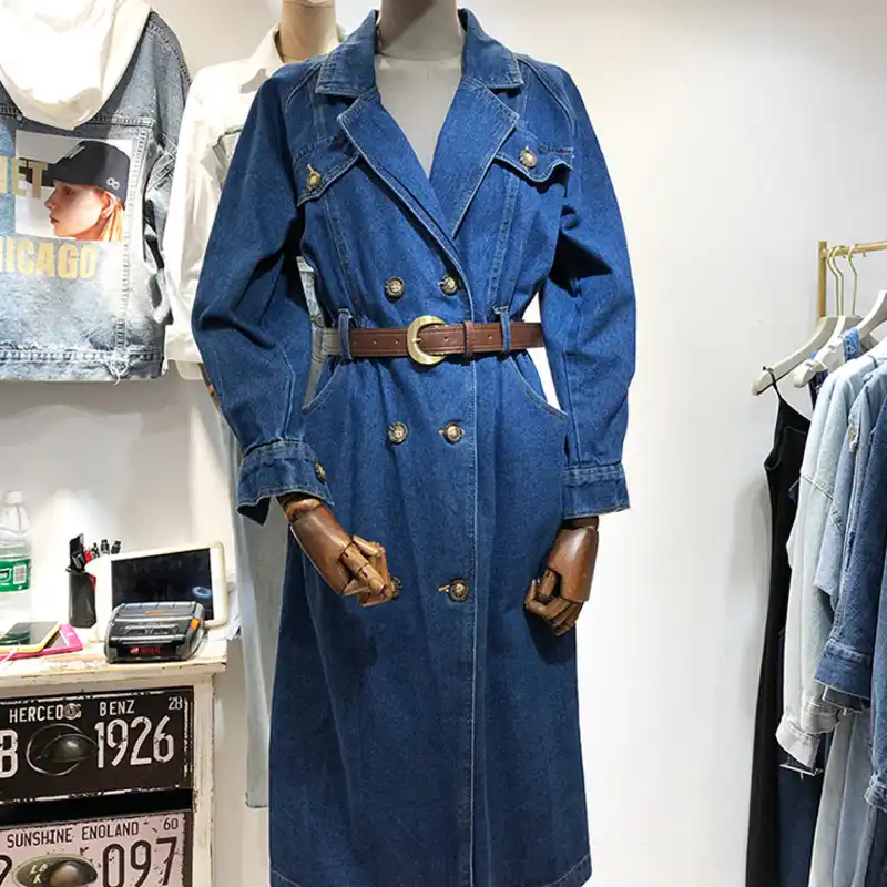 デニムトレンチコート女性の秋ヴィンテージロングラペルダブルブレストゆるいカジュアルなジーンズウインドブレーカーファムマッチングbeltw トレンチ Aliexpress