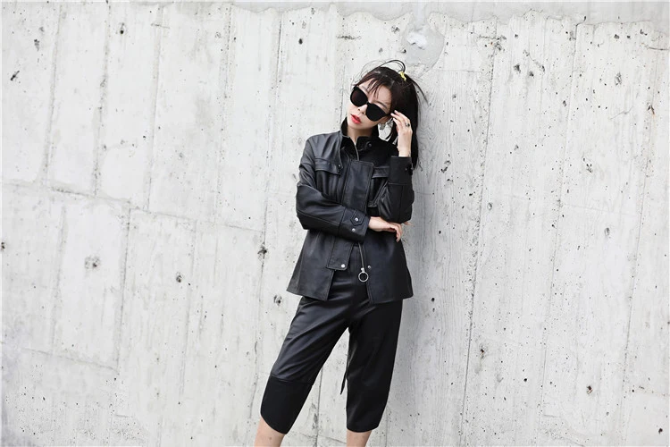 Genuine Leather Jacket Highstreet Mock Neck Pocket Front Wrap Waist Sheepskin Coat Women Autumn Casual Office Lady Outwear