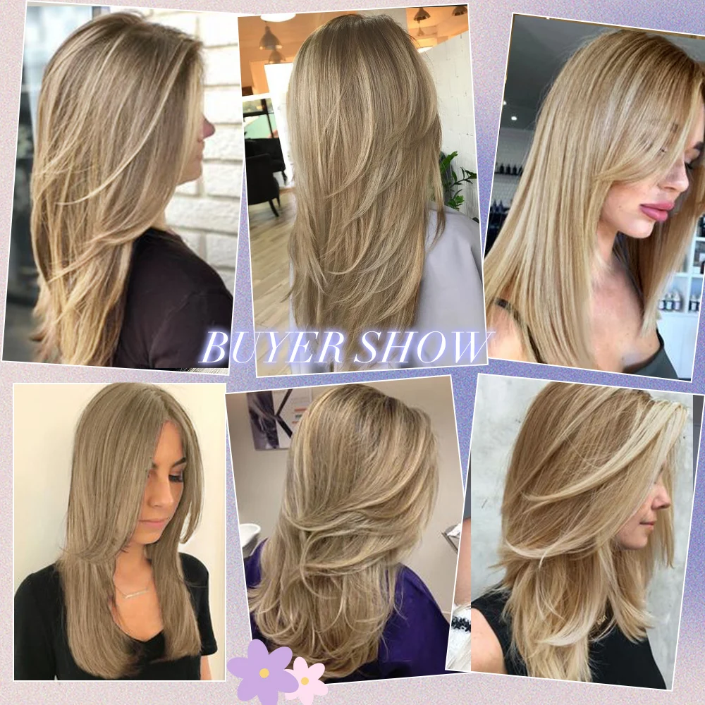 JONRENAU Long Natural Synthetic Straight Layered Hairstyle Wig Black Ombre Brown To Blonde Wigs for Black Women with Bangs Hair