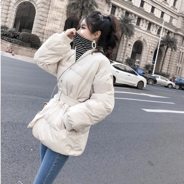 

2019 Winter New Style Korean-style Lace-up Waist Hugging Slimming Thick Loose-Fit Students Short Long Sleeve Cotton Overcoat WOM