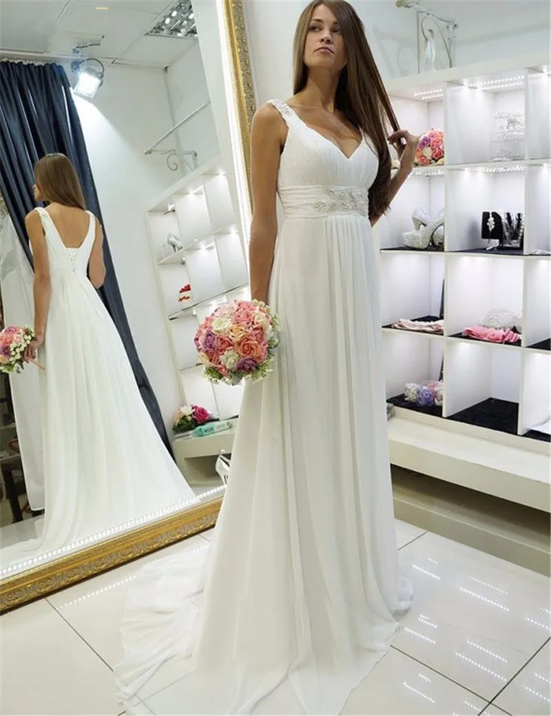 Свадебное платье Vestido De Noiva, сексуальное, v-образный вырез, дешевые пляжные белый шифоновый халат, украшенный бисером свадебное вечернее платье платья для матери невесты