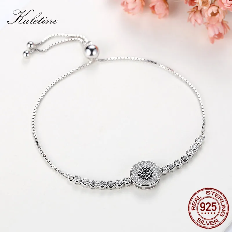 KALETINE 925 пробы серебряные теннисные браслеты для женщин бусины Lucky Black CZ Big Evil Eyes браслет Шарм для мужчин розовое золото ювелирные изделия
