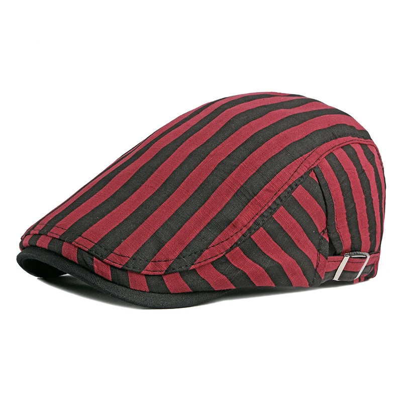 Red Black Striped Mens Berets 100% Cotton British Style Vintage Flat Caps for Men Spring Summer Artist Adjustable Hat Chapeau mens army beret