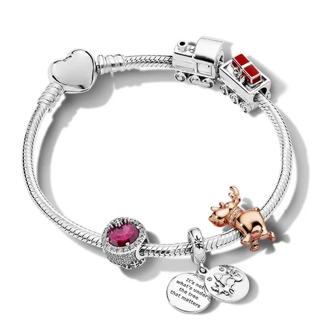 

100% 925 Sterling Silver ZT0199 Happy Christmas Bracelet Set Dazzling Snowflake Charm ROSE REINDEER CHARM Train