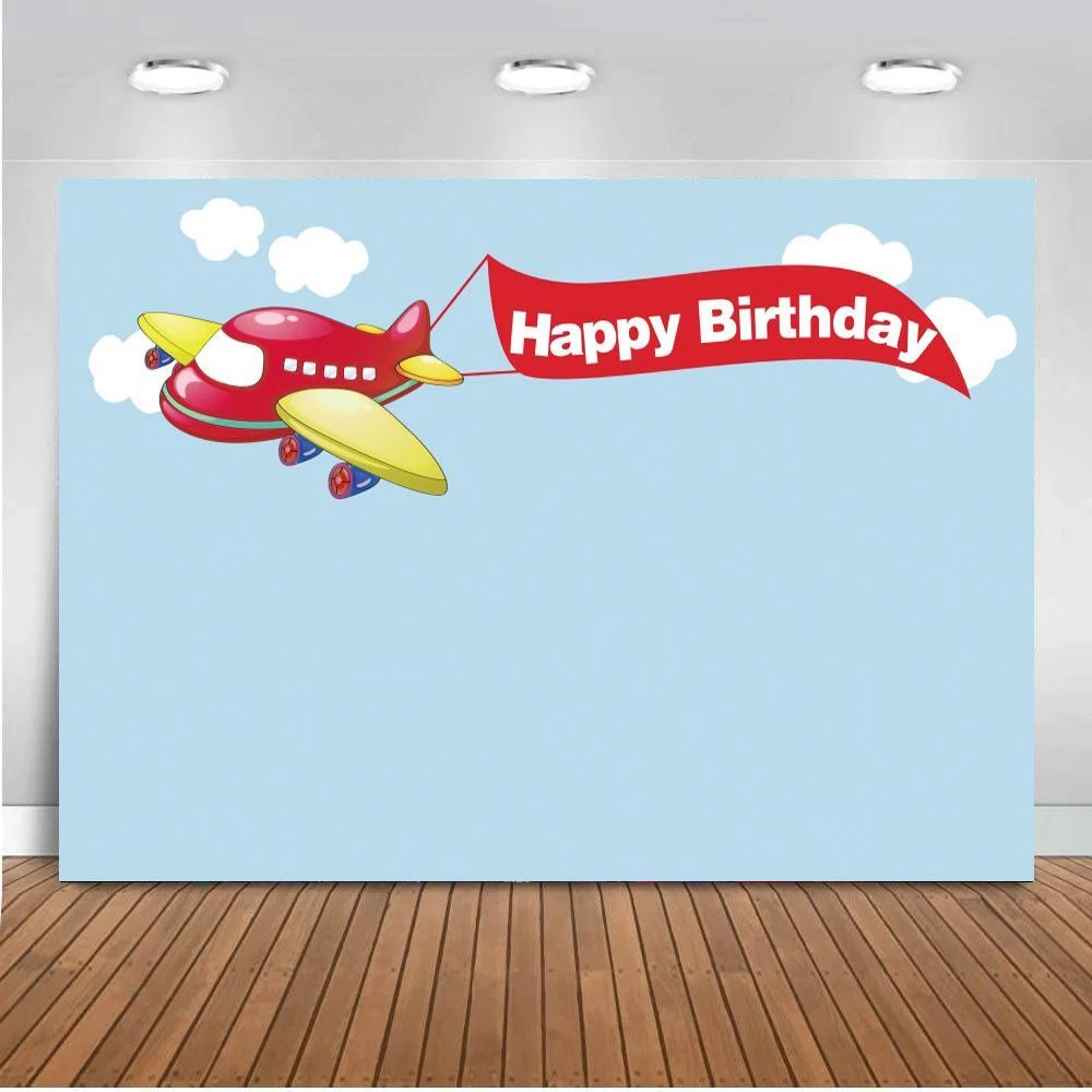 Blue Sky Cartoon Airplane With Happy Birthday Flag Photo Background White  Cloud Baby Kids Cake Party Table Decor Backdrop Vinyl|Nền| - AliExpress